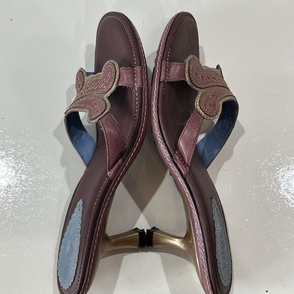 Clarks Indigo Purple Leather Open Toe Sandals Gold Kitten Heels Embroidered 9 - Picture 8 of 10